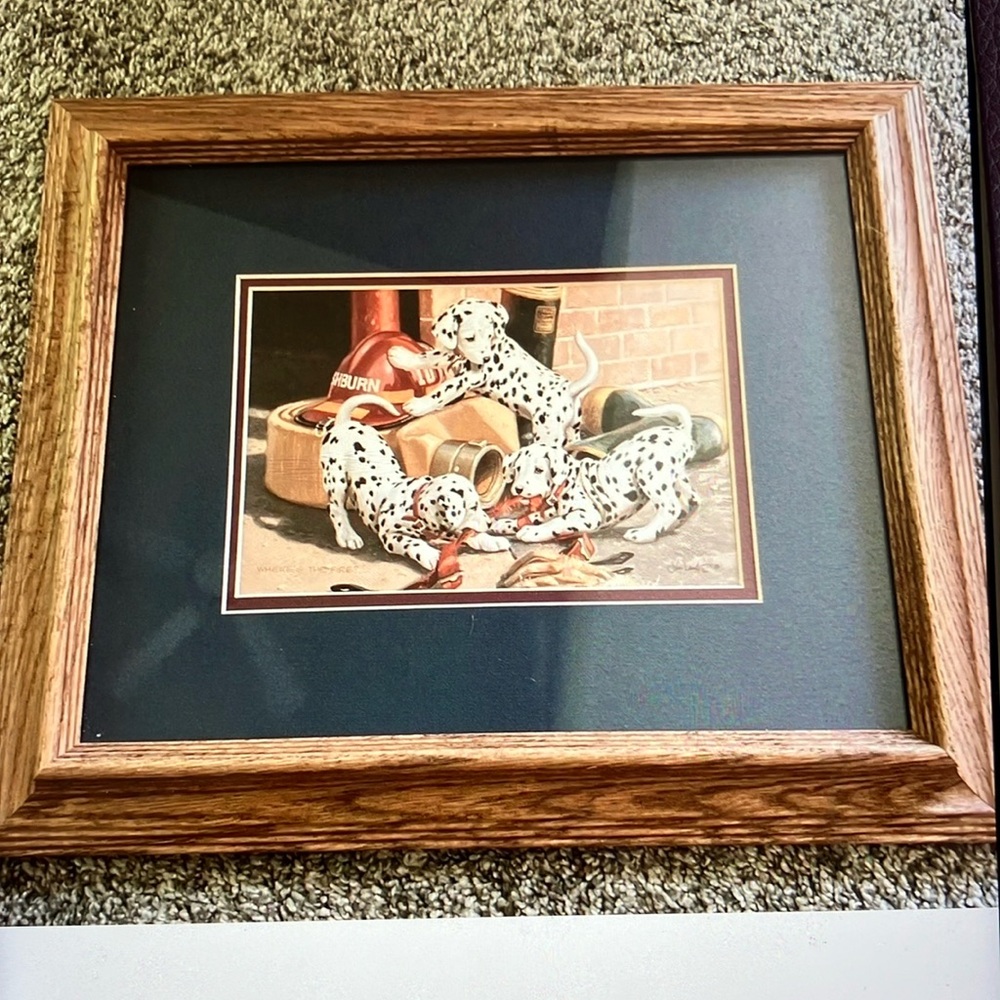 Jim land “where is the fire” puppies print in wooden frame?
